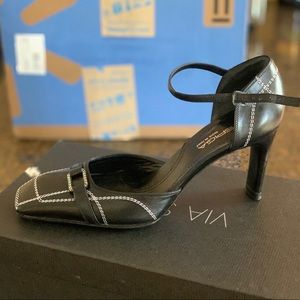 Via Spiga Black Leather Ankle Strap Heels